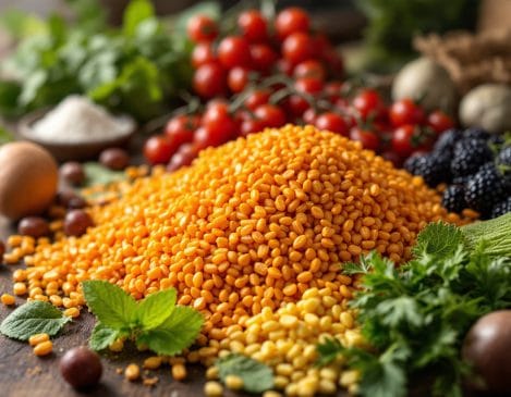 Red lentils and other healthy ingredients. A colorful mix for a nutritious meal.